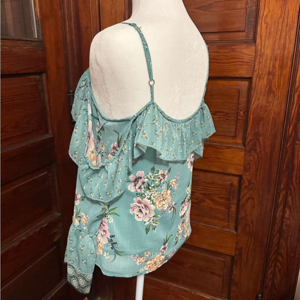 Teal Floral Ruffle Cold Shoulder Blouse Long Sleeve Flowy peasant boho festival - Picture 2 of 3